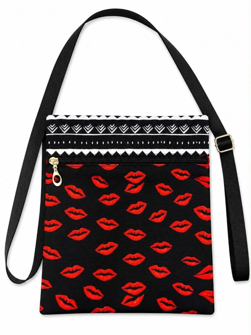 Red Lips Print Crossbody Bag with Adjustable Black Strap